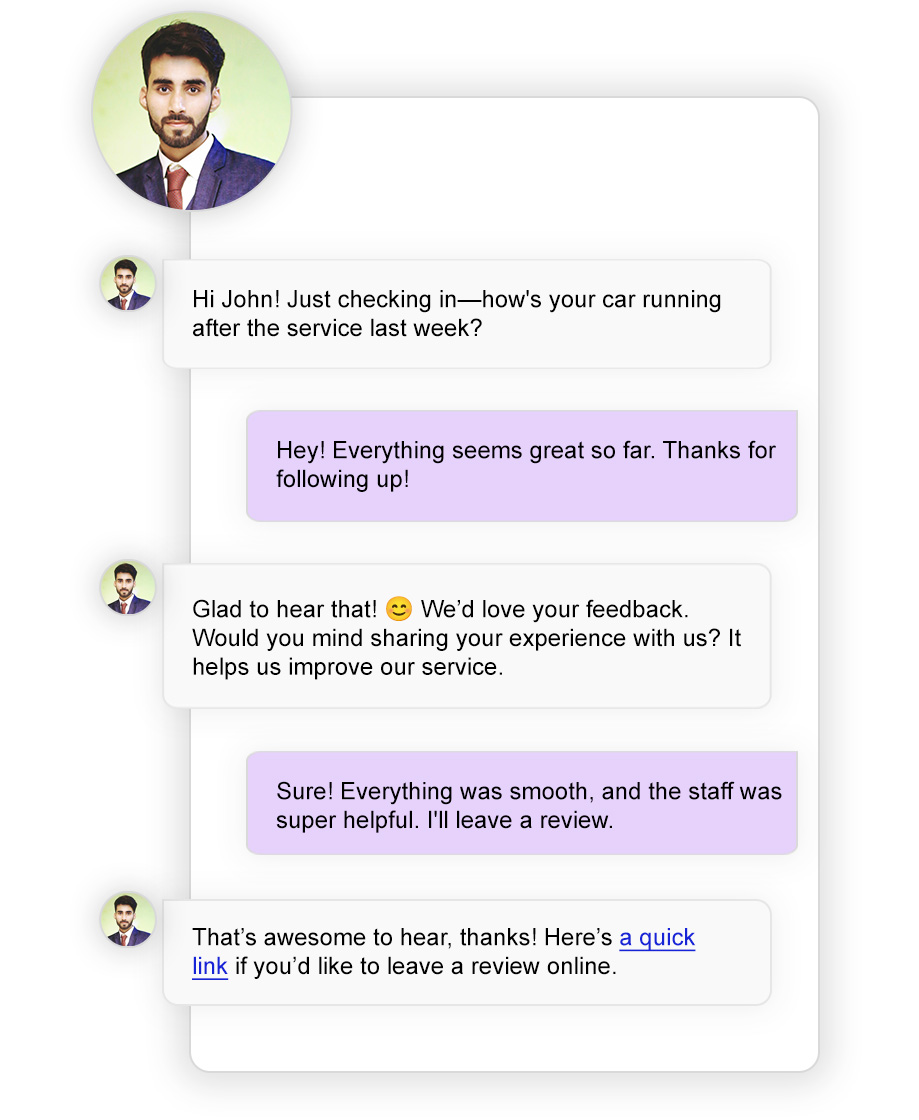 Customer follow-up dashboard showing AI agent nurturing automotive leads