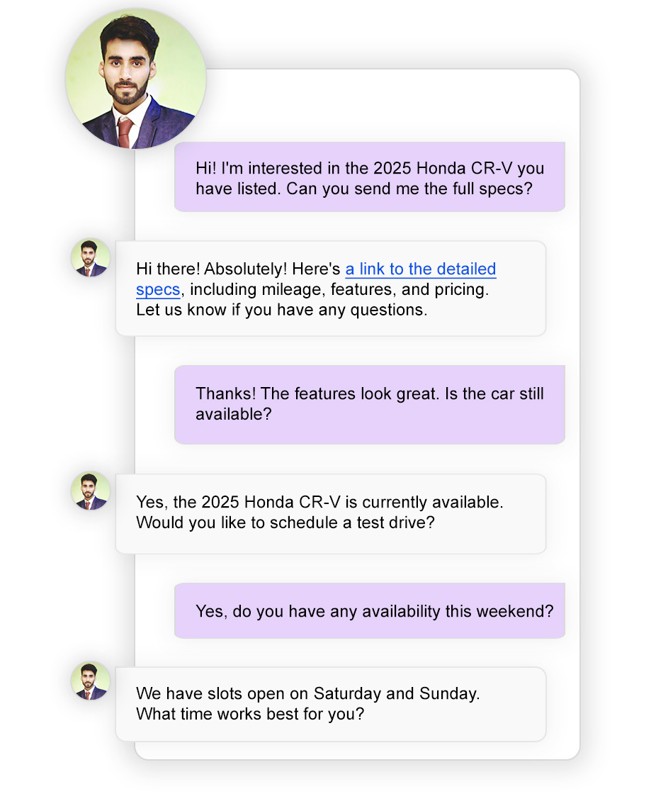 Sales support interface showing AI agent helping customer with vehicle inquiries