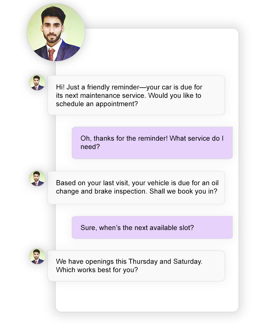 Service booking interface showing AI agent scheduling automotive service appointments
