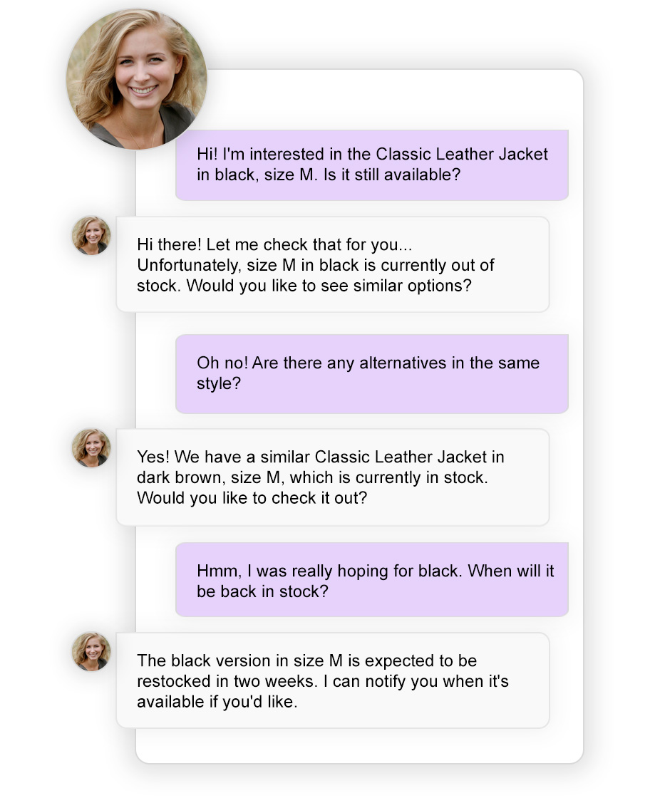 Product support interface showing AI agent helping customer with product questions